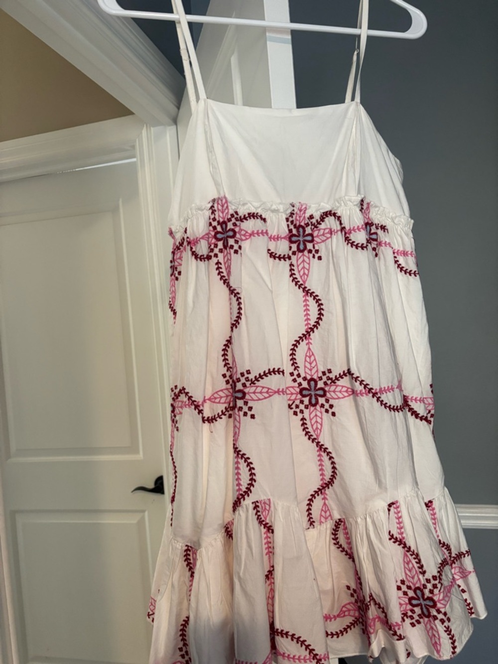 Anthropologie White Sundress with Pink Embroidered Motif
